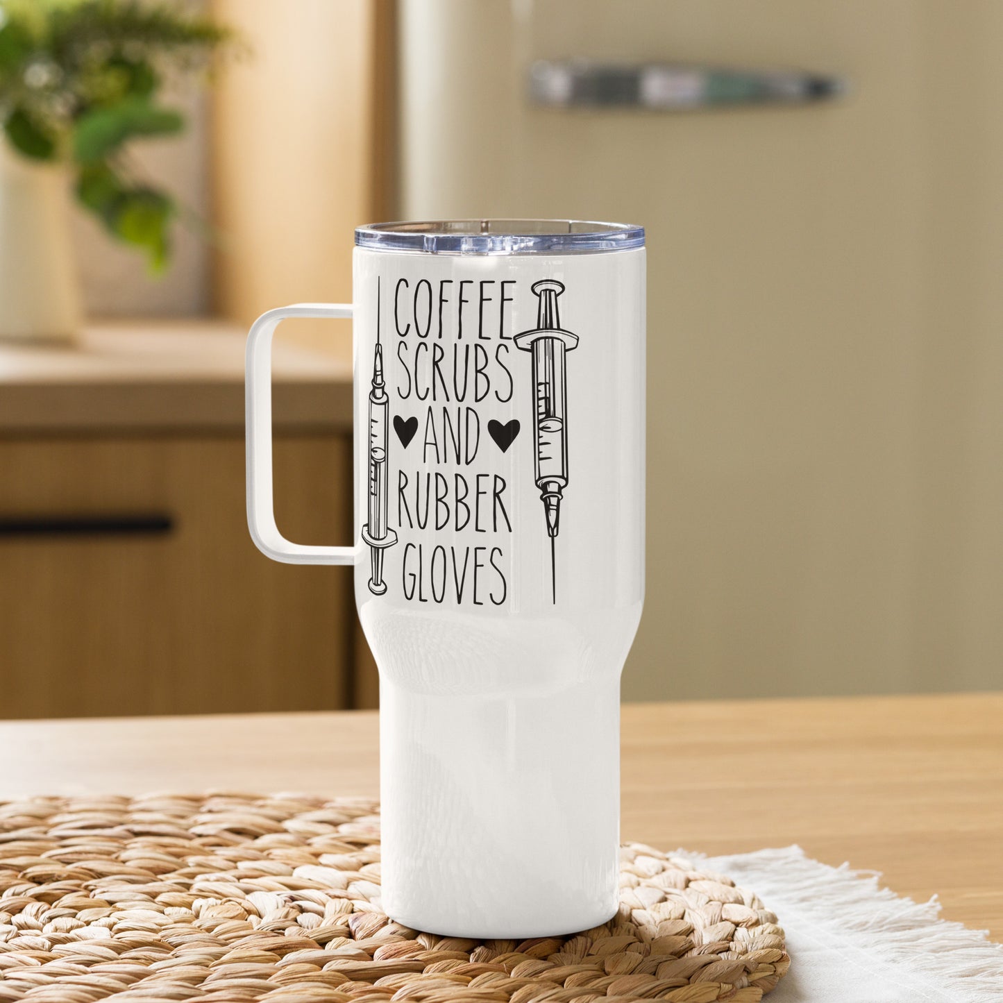 Coffee Scrubs and Rubber Gloves - Travel mug with a handle